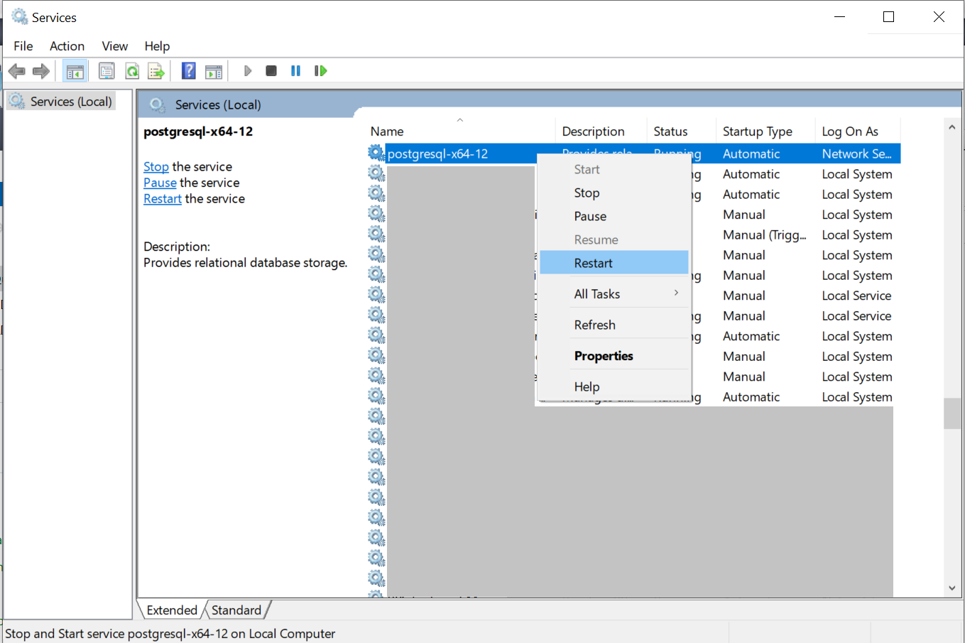 Перезапуск сервиса Postgres 12 в Windows изображение с сайта www.andreyolegovich.ru
