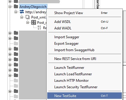 SOAP UI New Test Suite Правый клик Project изображение с сайта www.andreyolegovich.ru