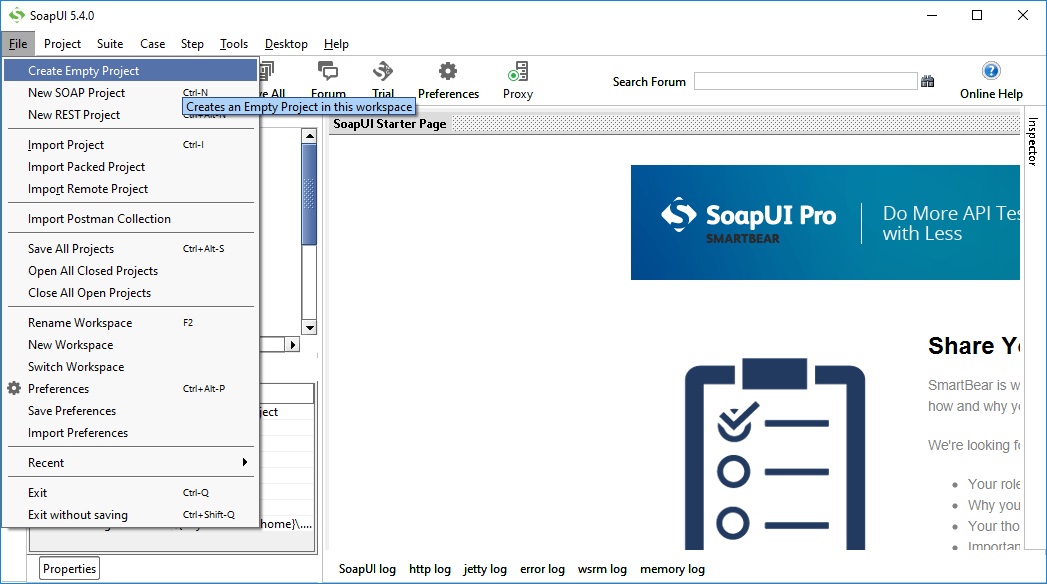 SOAP UI Create Empty Project изображение с сайта www.andreyolegovich.ru