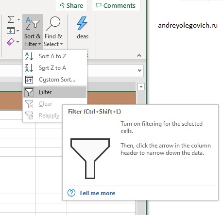 Excel не фильтрует столбец изображение с сайта www.AndreyOlegovich.ru